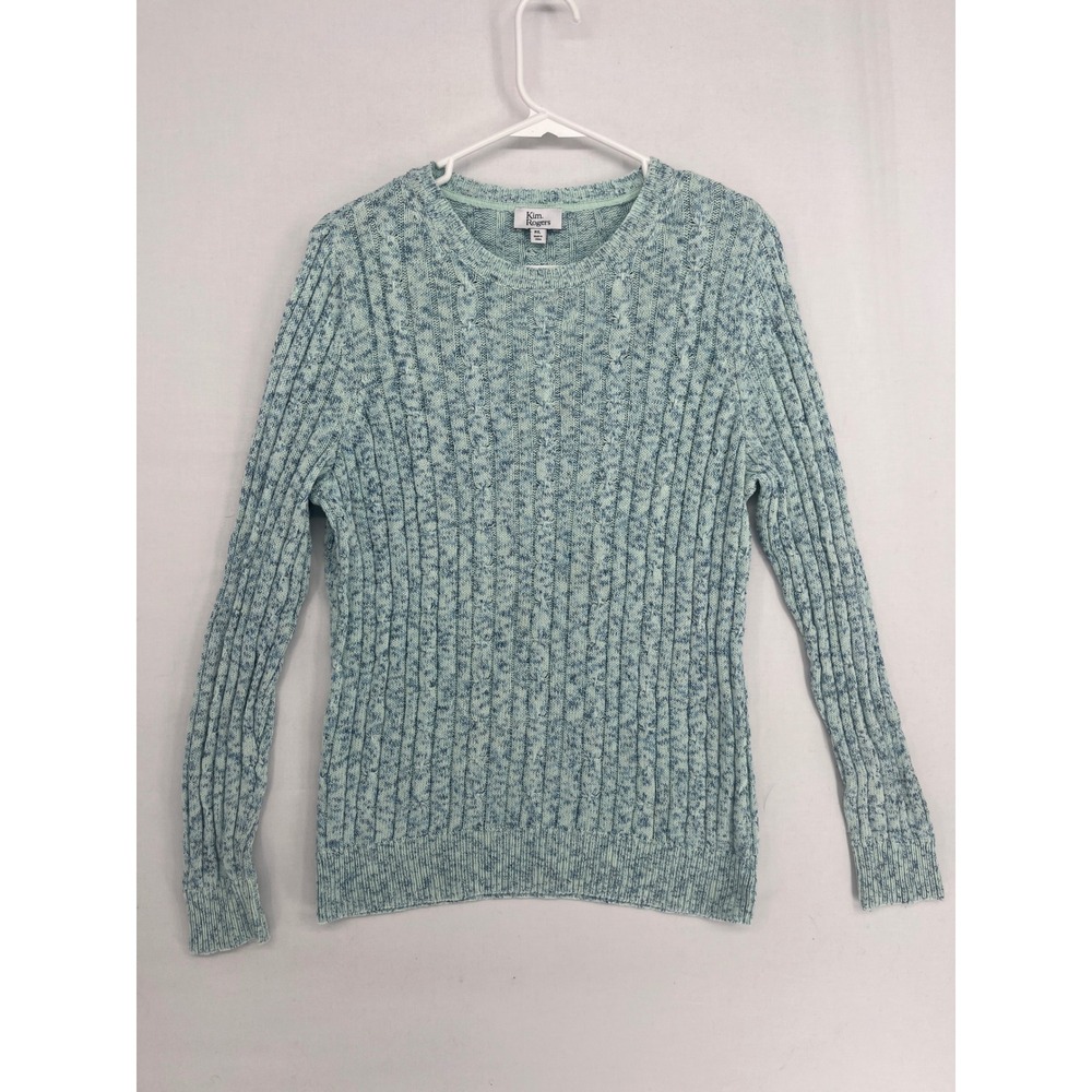 Kim Rogers Women Petite Large Blue Marled Cable Knit Sweater Cotton Blend P/L